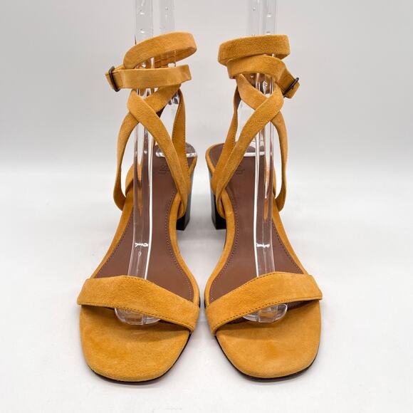 BA&SH Cequoia Strappy Heeled Sandal Women 39 Yellow Suede Block Stacked heel NEW - Picture 3 of 15